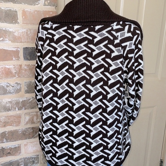 Vintage Brown Cream Houndstooth Knit Sweater Double Breasted Contrast Collar SM - Picture 11 of 13
